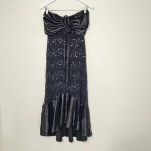 Majora Strapless Black Sequin Cocktail Dress Ruffle Hem Ruched Bust Medium Y2K